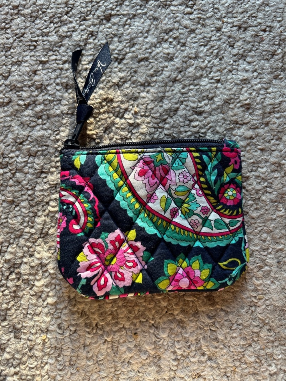 Vera Bradley Black Multi Quilted Floral Coin Pouch with Pink & Green Accents